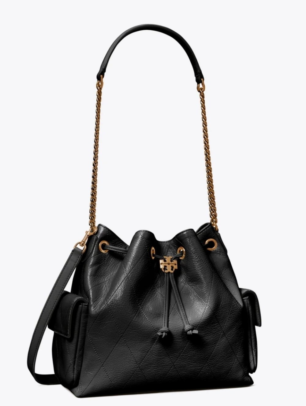 Tory Burch Black Quilted Drawstring Shoulder Bag with Gold Hardware